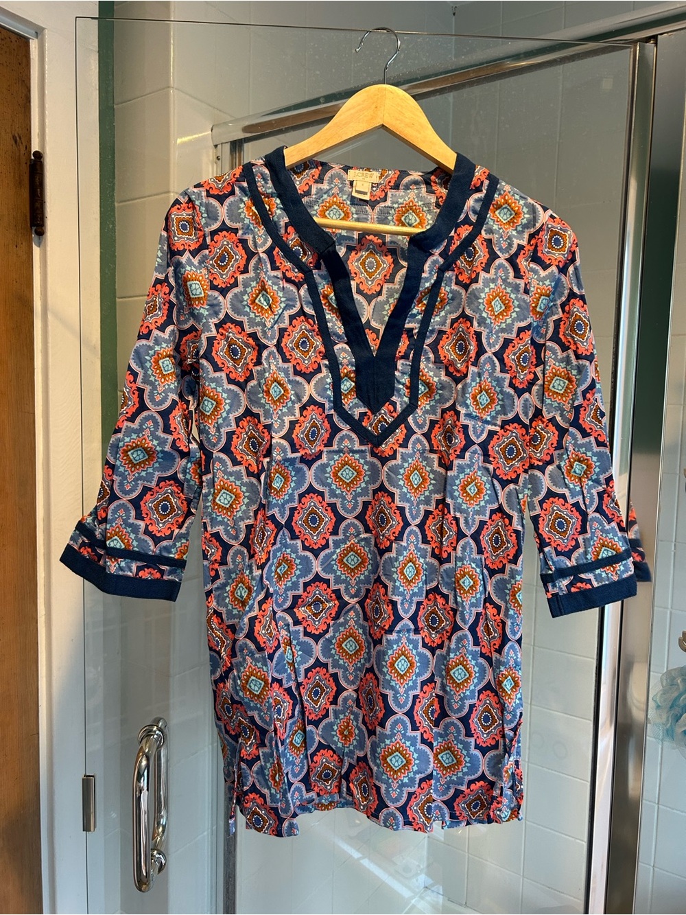 J Crew Printed Tunic coverup Dress in Navy and Coral - Women size small